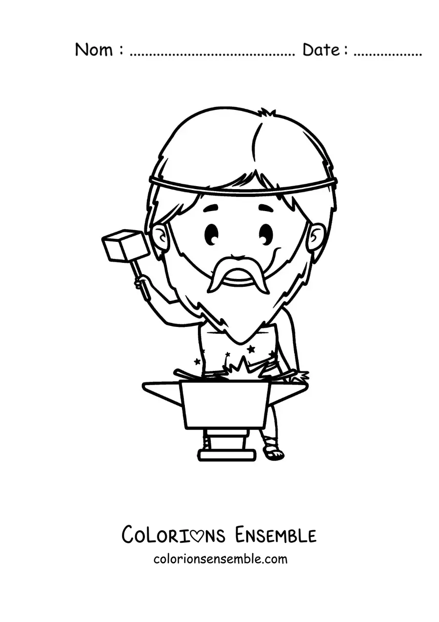 Image à colorier d’Héphaïstos, le dieu forgeron, en version dessin animé kawaii