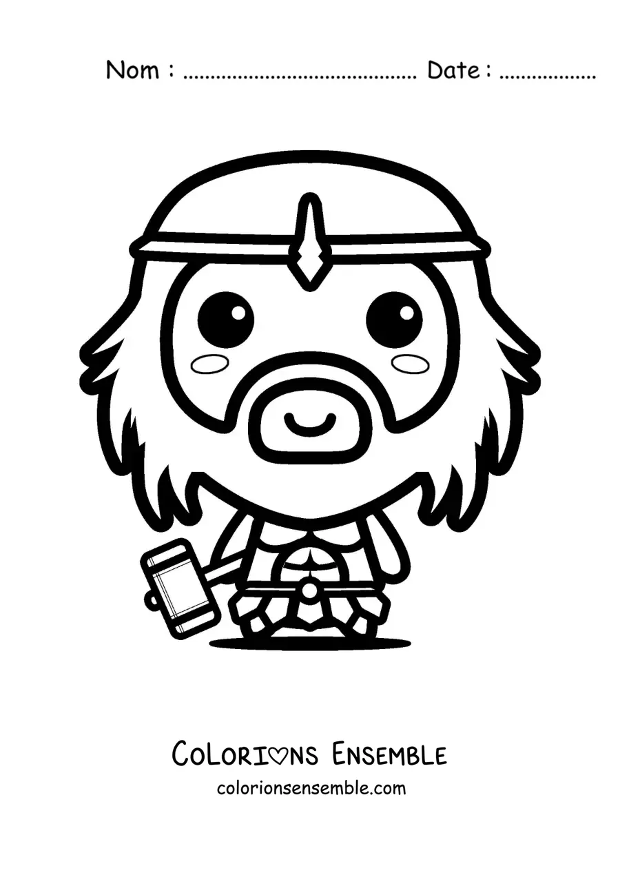 Image à colorier du dieu grec Héphaïstos et de son marteau, en version kawaii