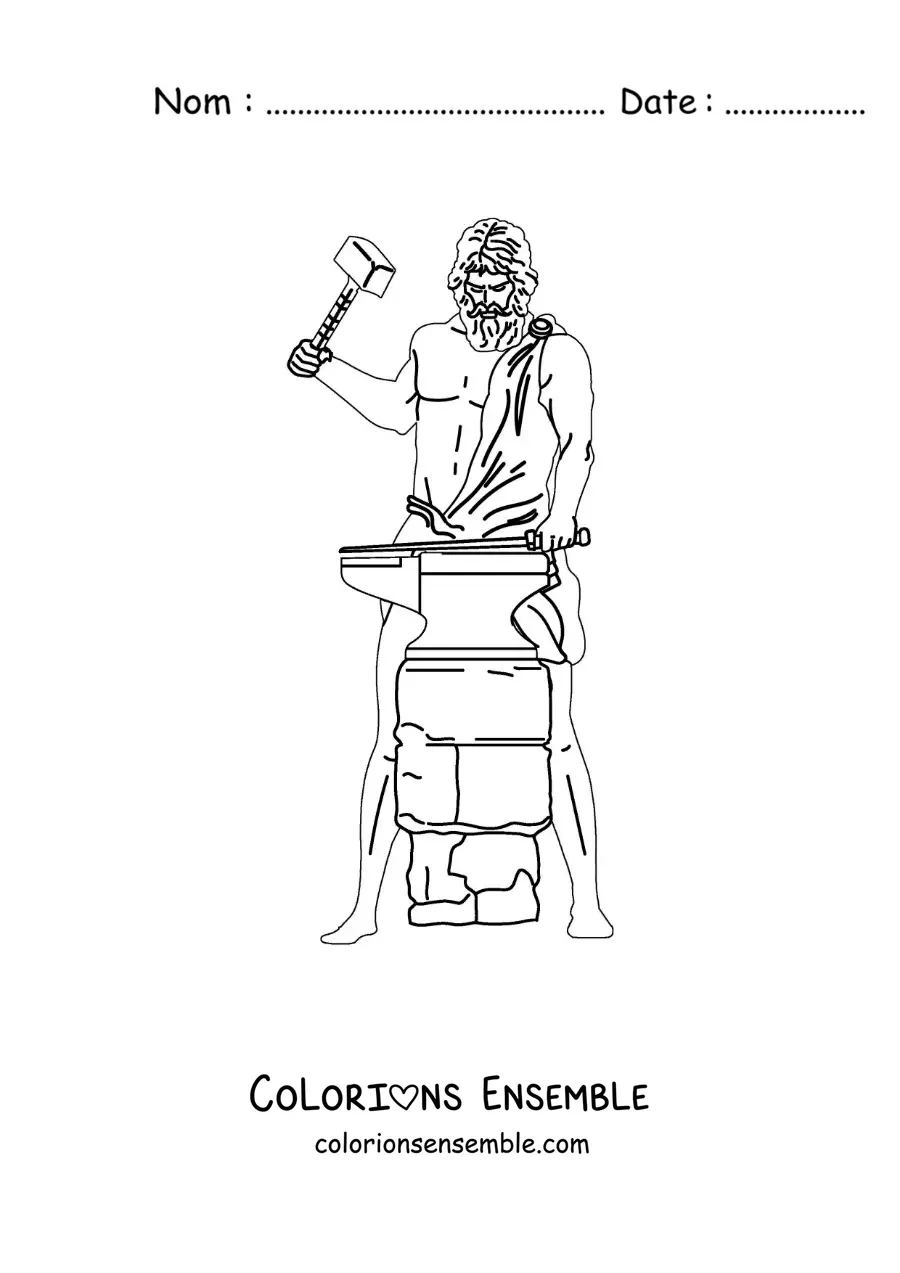 Image à colorier du dieu Héphaïstos réaliste en train de forger une épée
