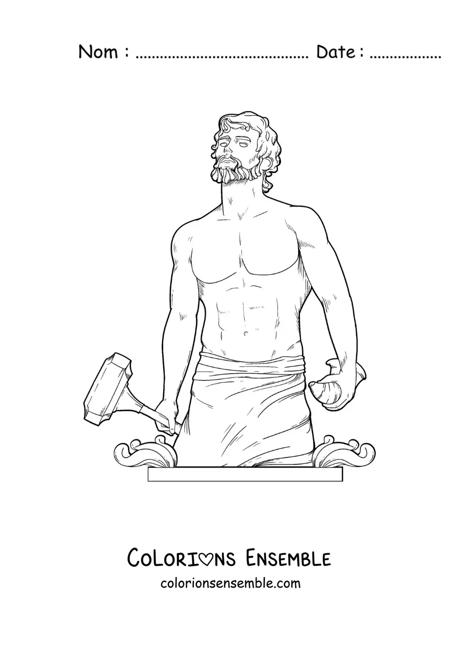 Image à colorier d’Héphaïstos, le dieu grec, réaliste avec son marteau