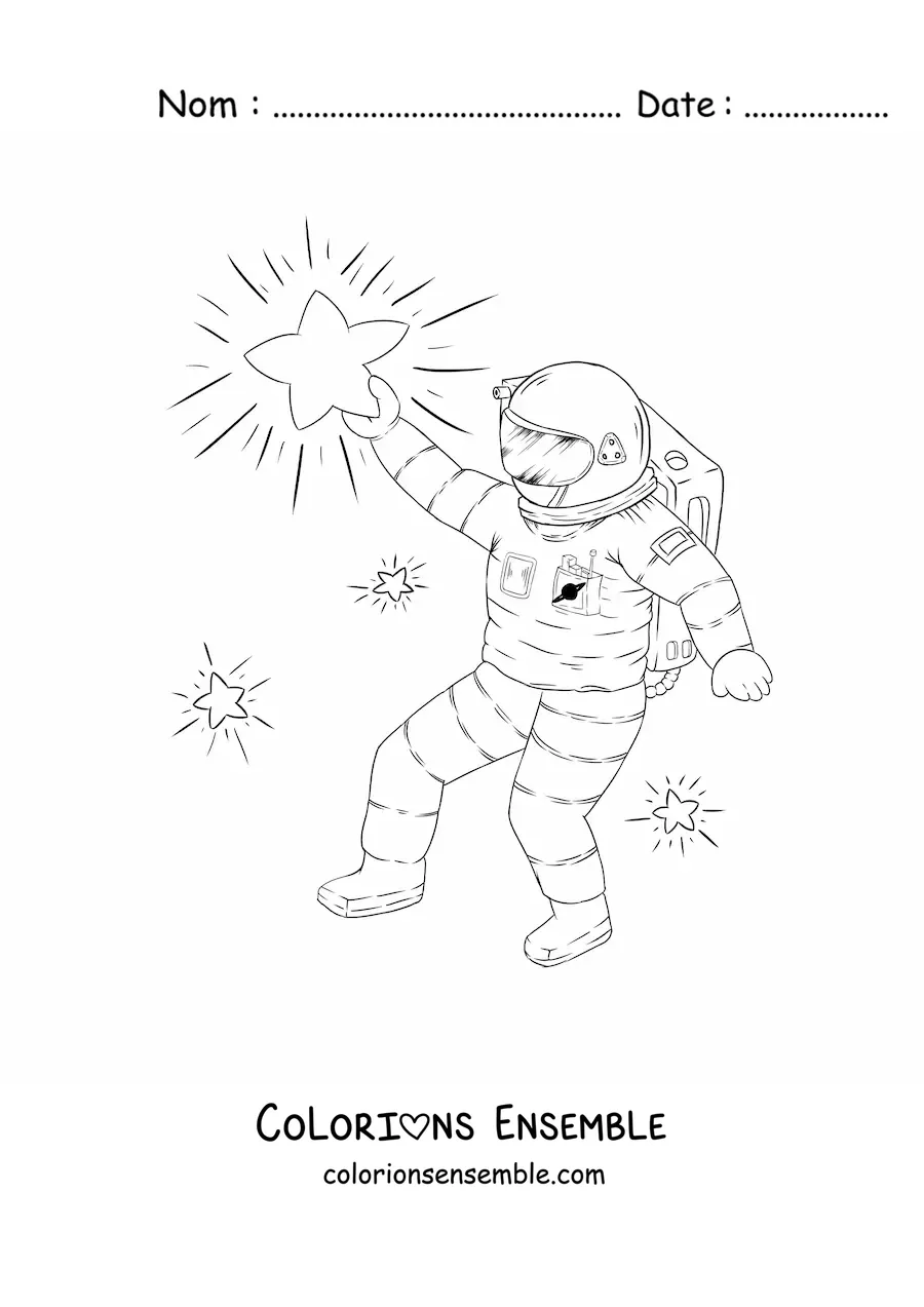 Image à colorier d’un astronaute attrapant une étoile avec son bras