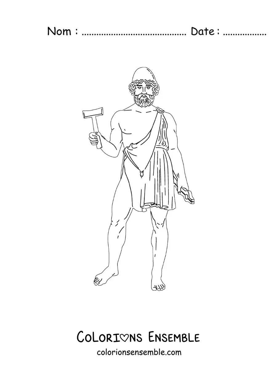 Image à colorier d’Héphaïstos, le dieu forgeron, avec son marteau