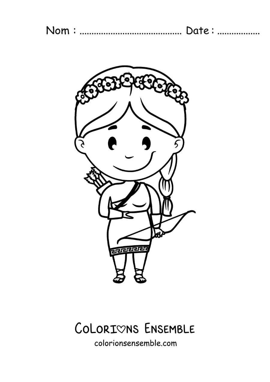Image à colorier de la déesse Artémis en version dessin animé kawaii