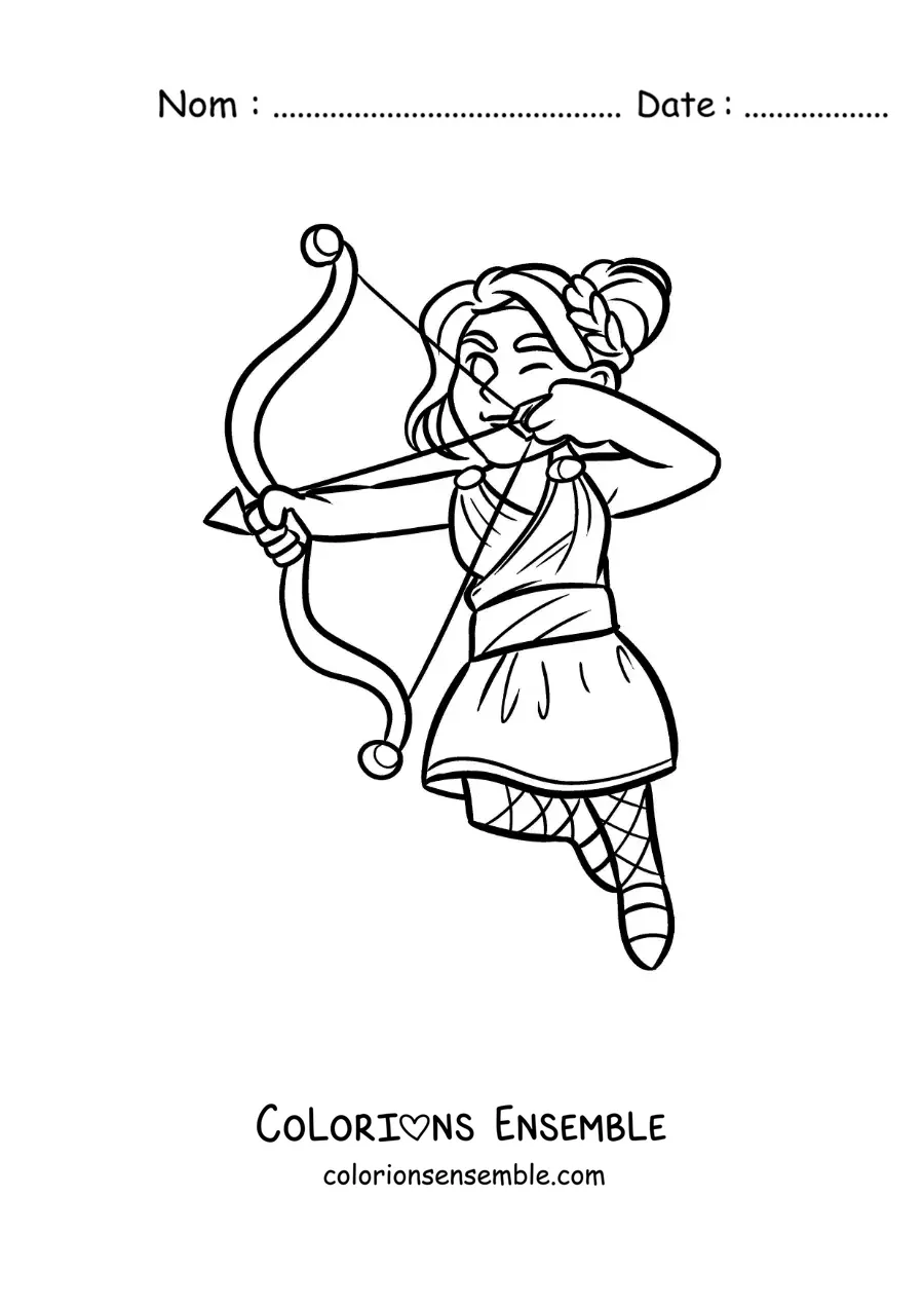Image à colorier de la déesse Artémis en version dessin animé, en train de tirer une flèche