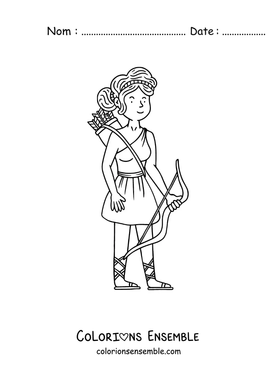 Coloriage d’Artémis en dessin animé avec son arc et ses flèches