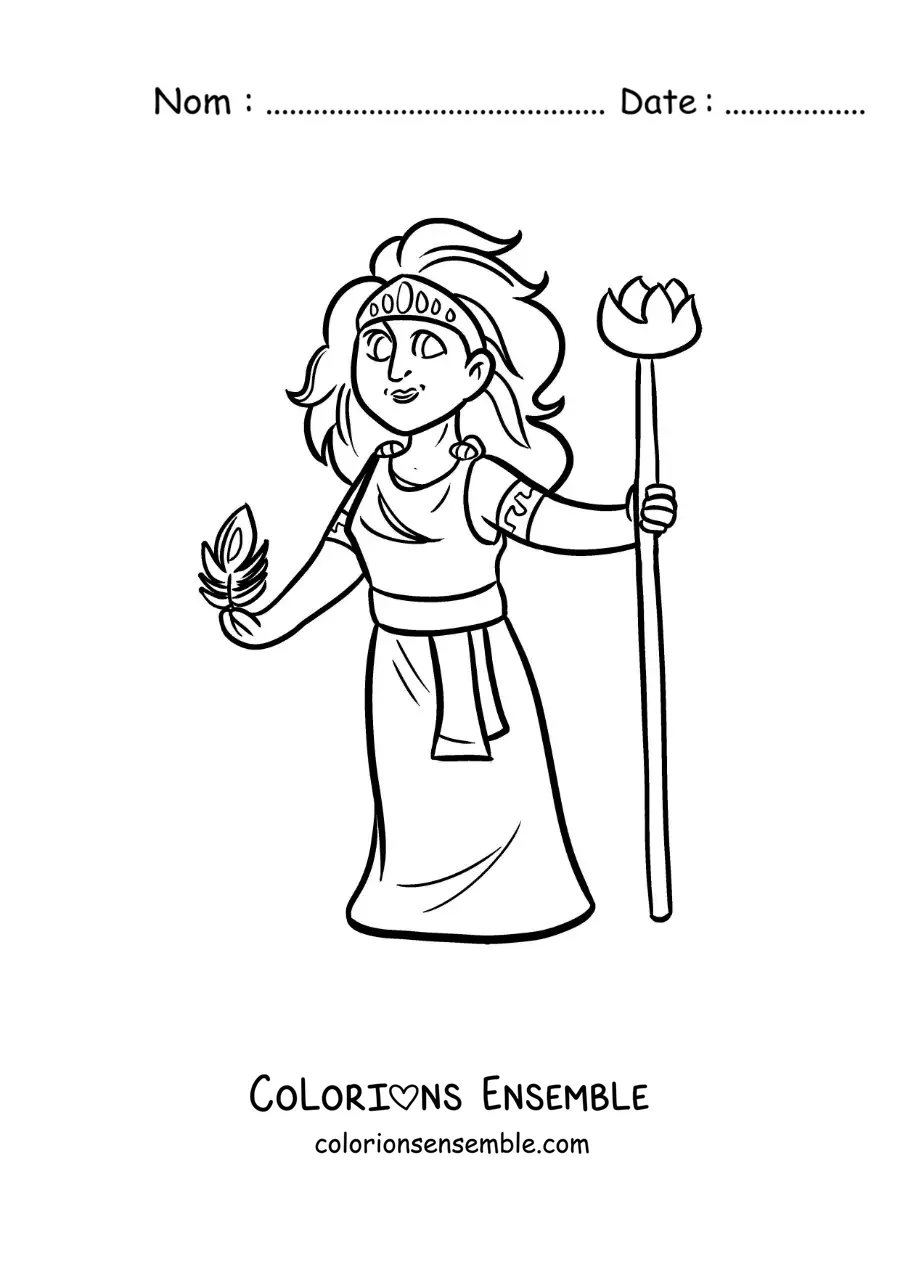 Coloriage de la déesse Héra en dessin animé avec une plume de paon