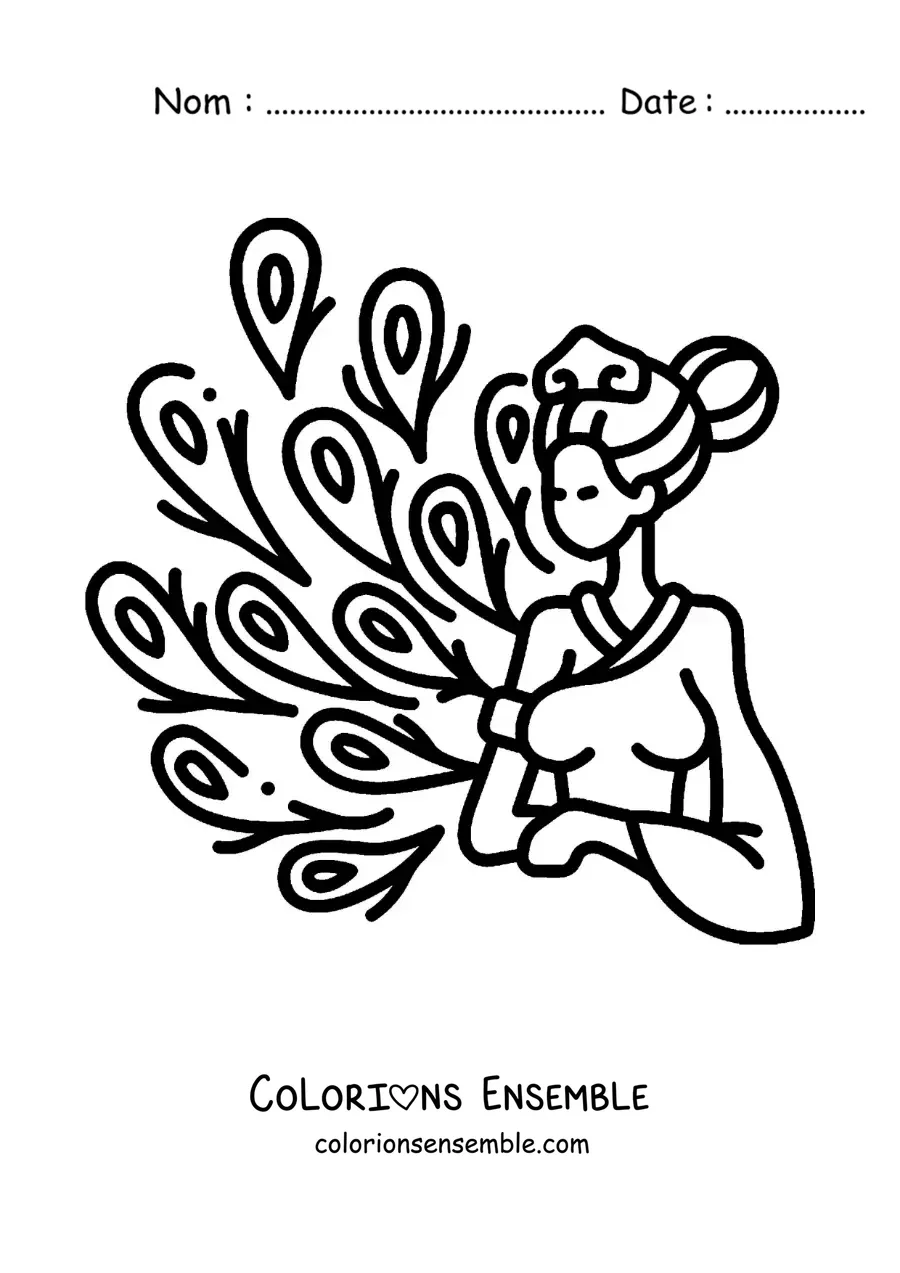 Coloriage de la déesse grecque Héra avec des plumes de paon