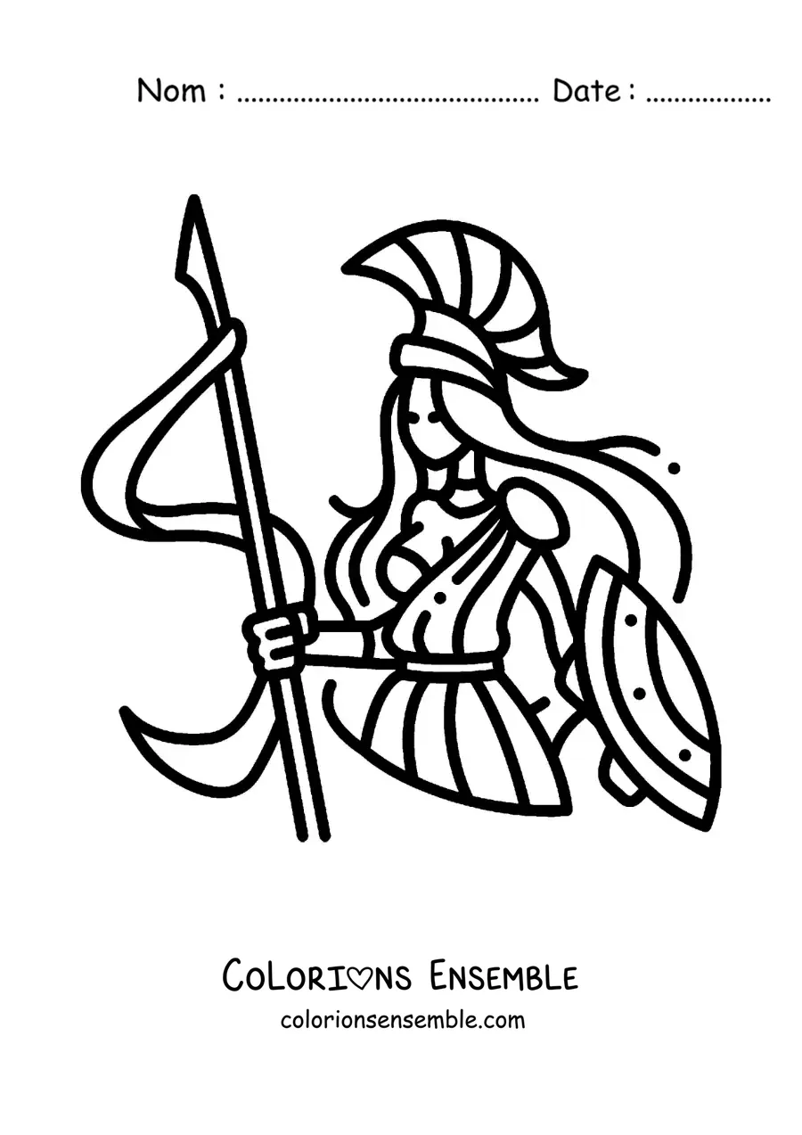 Coloriage de la déesse Athéna en dessin animé avec son casque et son bouclier
