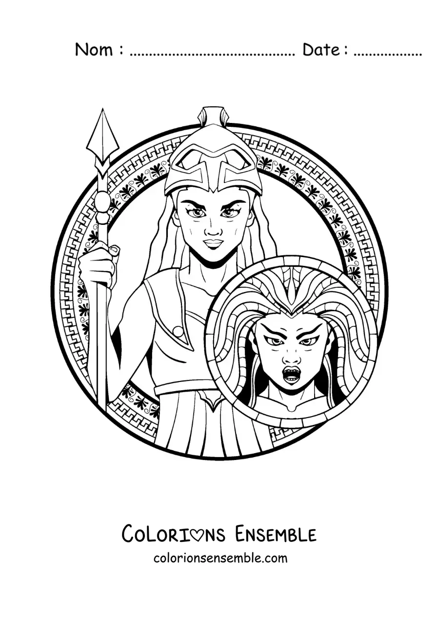 Coloriage d’Athéna et de son casque de guerrière, avec une lance et son bouclier
