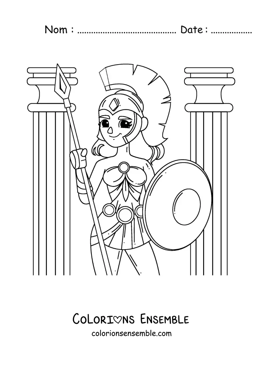 Coloriage de la déesse Athéna en dessin animé avec sa lance et son armure