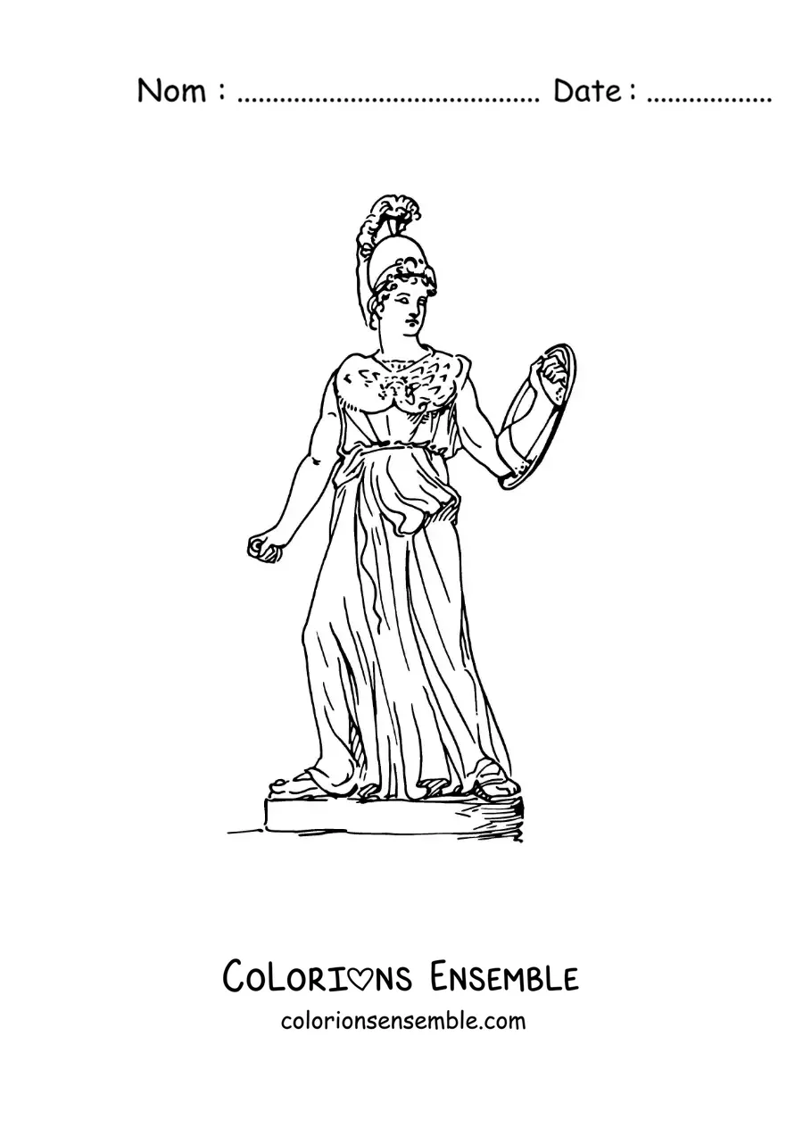 Coloriage d’une statue de la déesse grecque Athéna réaliste avec son bouclier