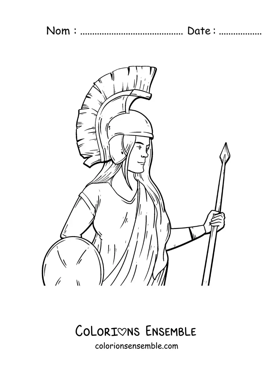 Coloriage d’Athéna avec son casque et son bouclier dans un style réaliste