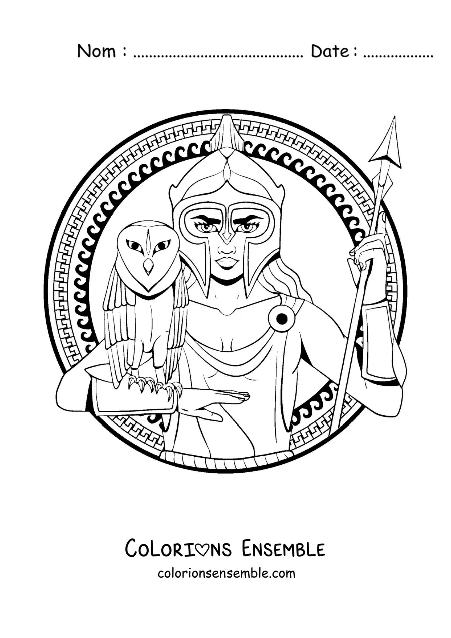 Coloriage de la déesse Athéna en dessin animé avec sa chouette et son casque