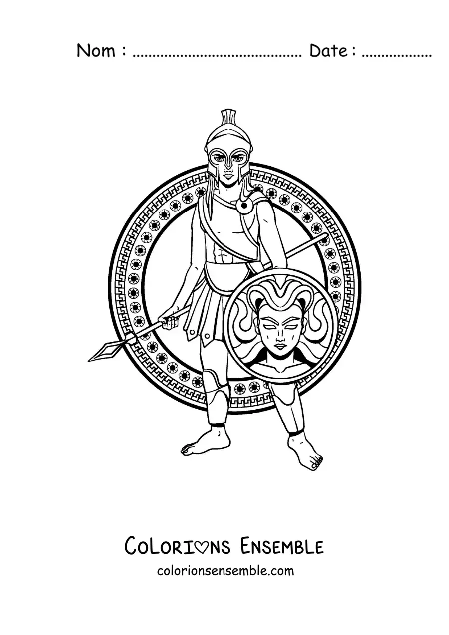 Coloriage de la déesse grecque Athéna en dessin animé avec son bouclier et son casque