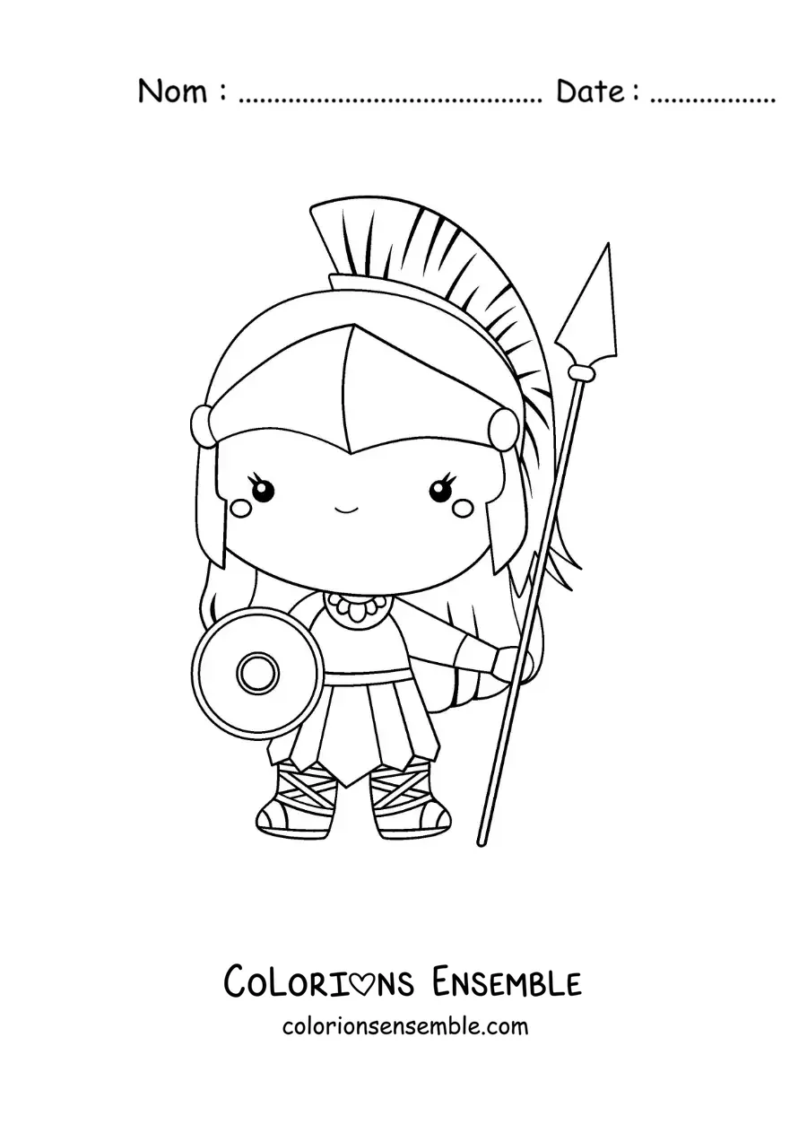 Coloriage d’Athéna kawaii en dessin animé avec son bouclier et son casque