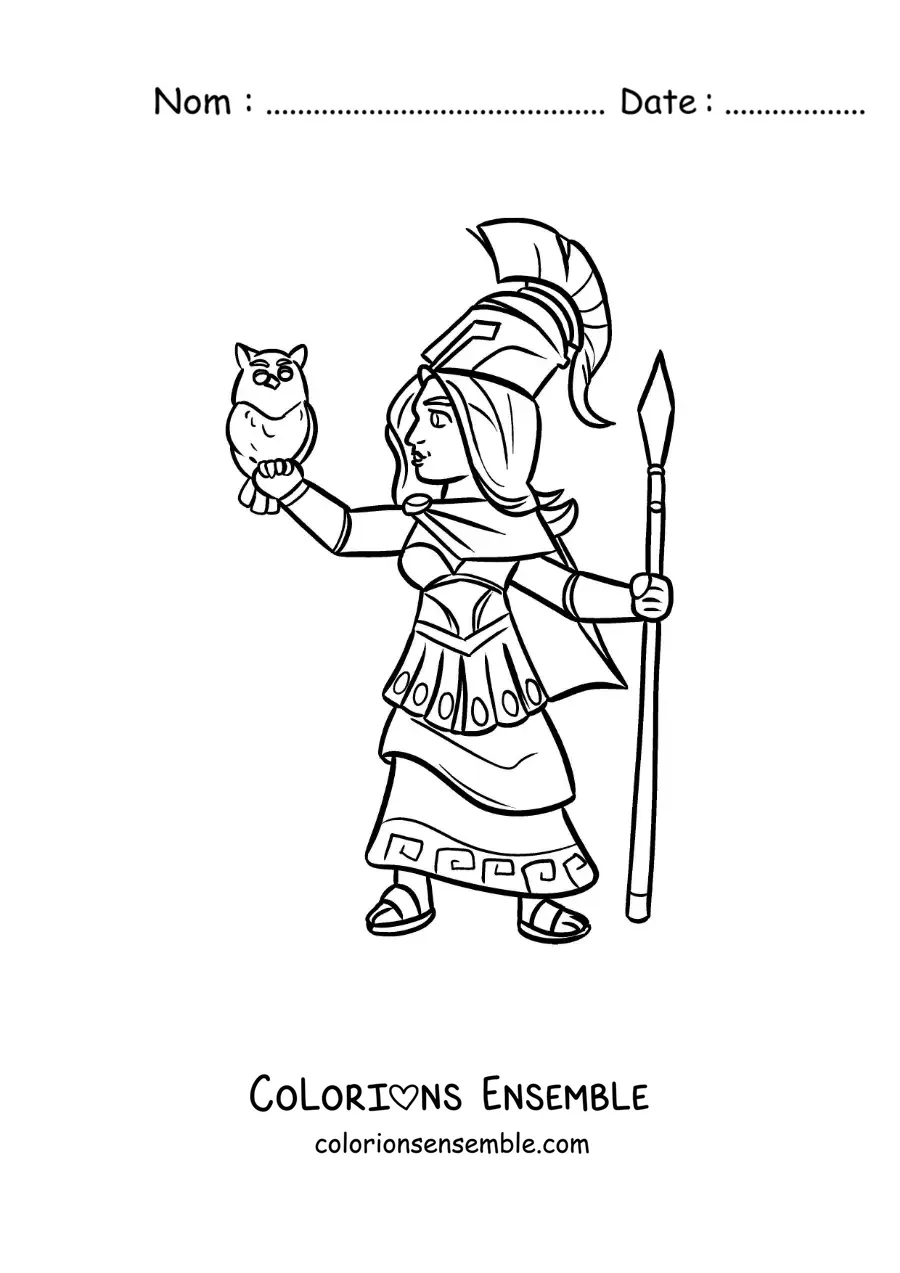 Coloriage d’Athéna, la déesse de la sagesse, en dessin animé avec sa chouette