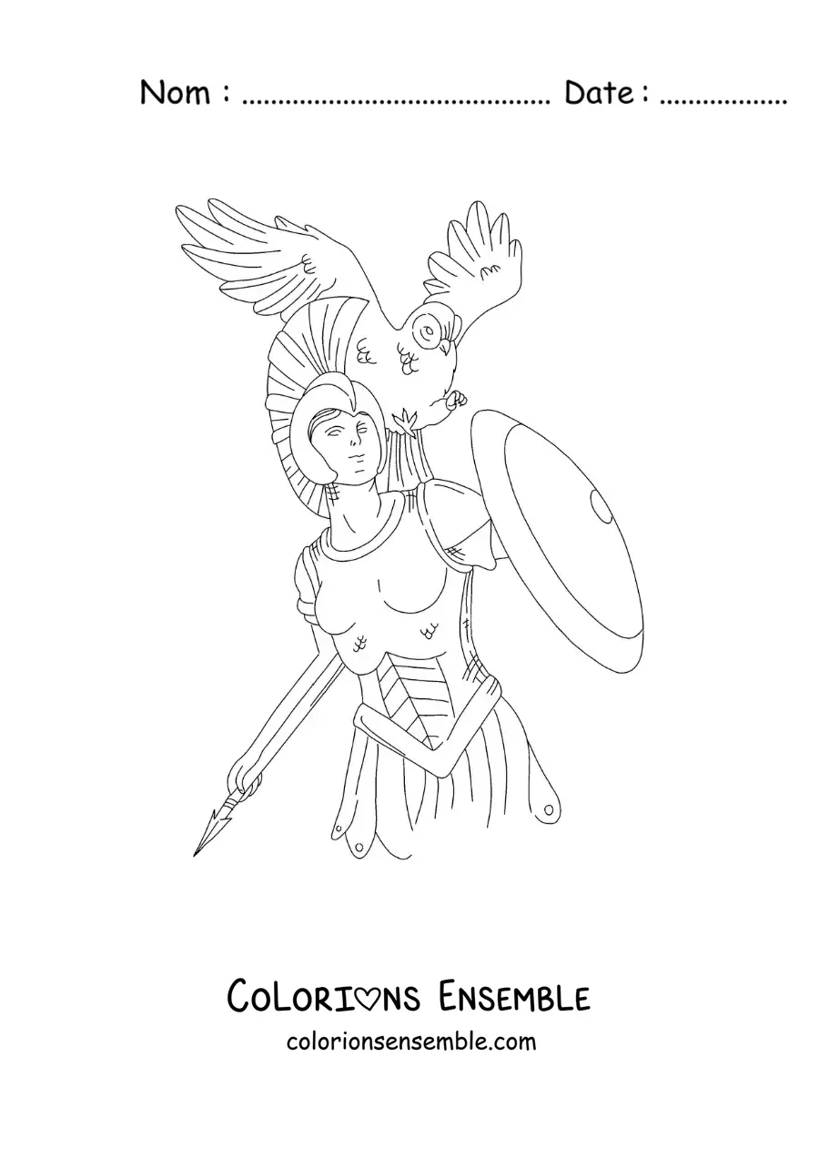 Coloriage de la déesse Athéna avec sa chouette et son bouclier dans un style réaliste