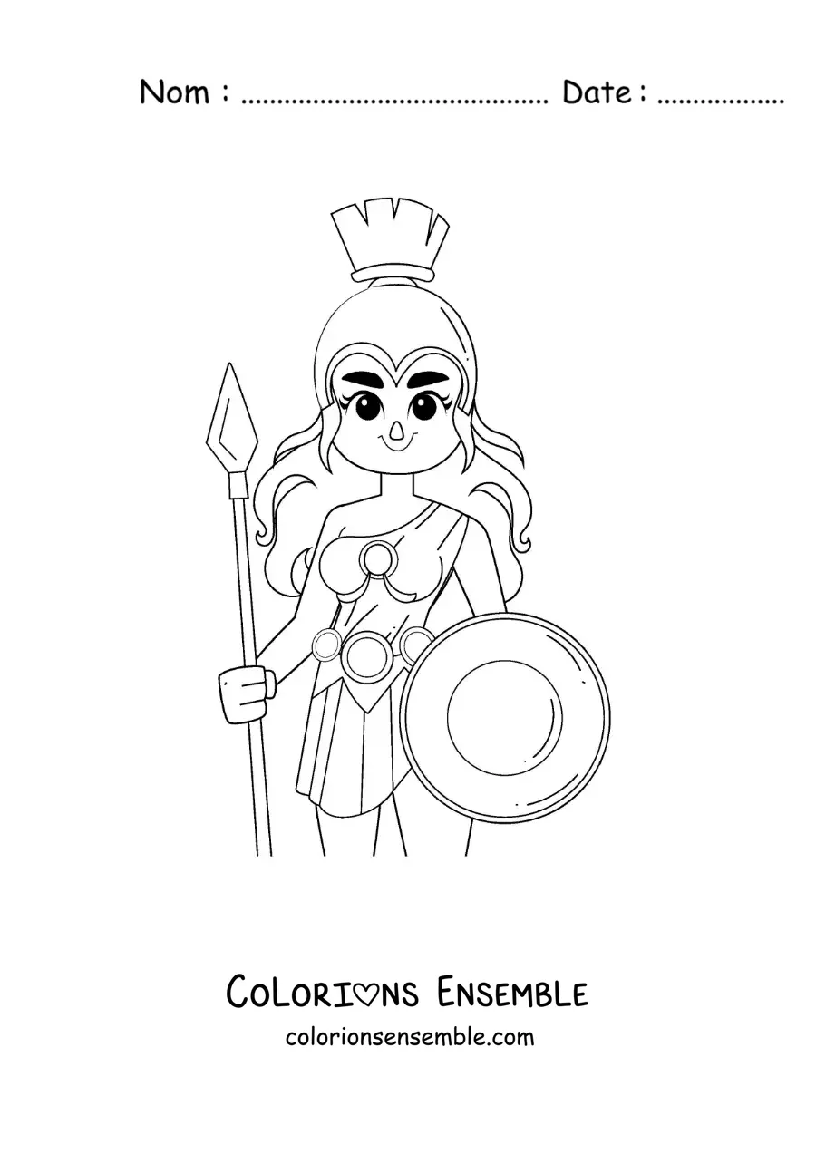 Coloriage de la déesse Athéna avec son casque et son bouclier dans un style animé