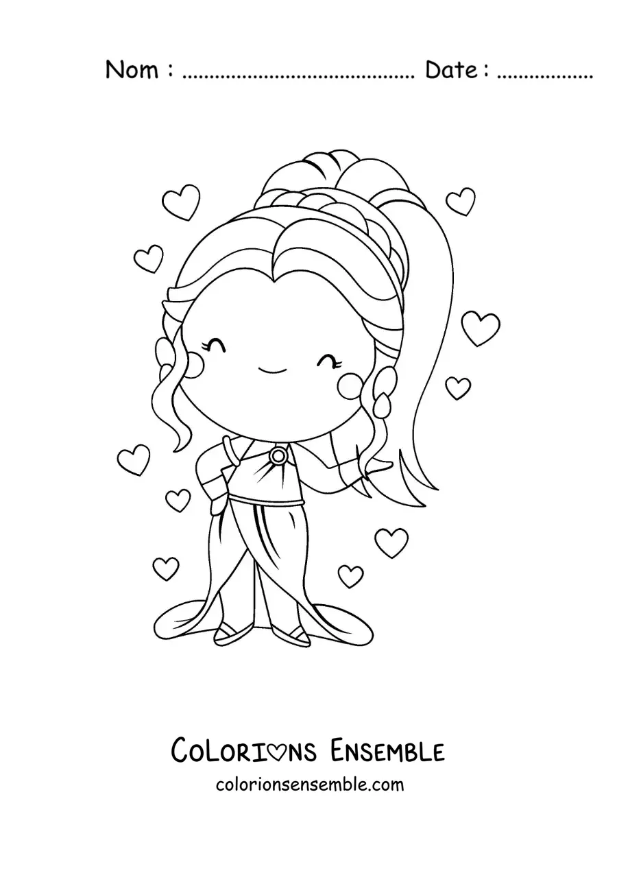 Coloriage de la déesse Aphrodite kawaii avec des cœurs