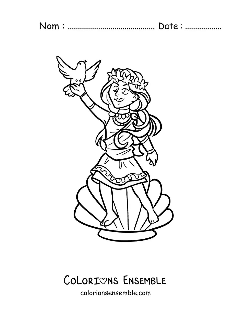 Coloriage de la déesse Aphrodite en dessin animé avec un coquillage et une colombe