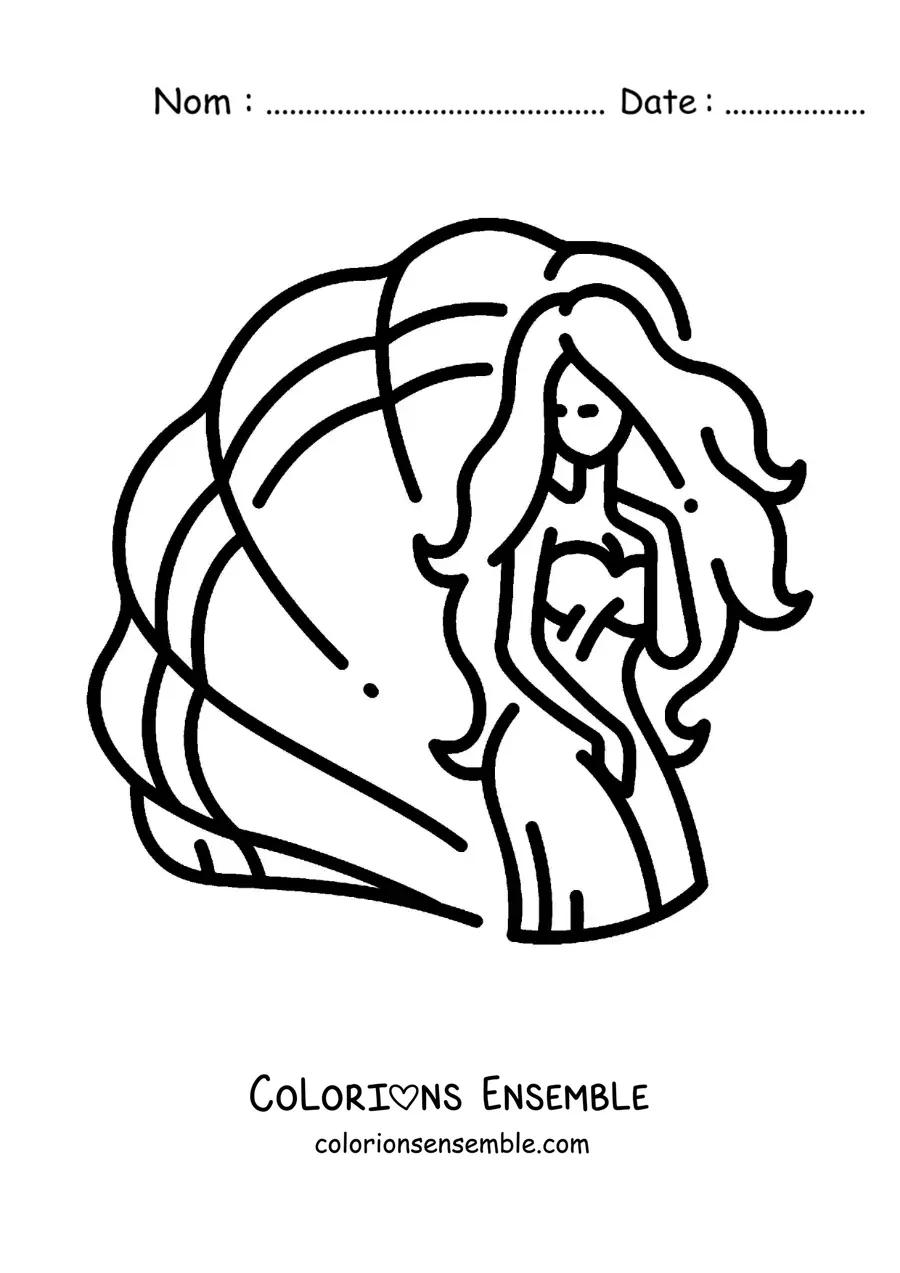 Coloriage d’Aphrodite, la déesse grecque, en dessin animé avec une coquille Saint-Jacques