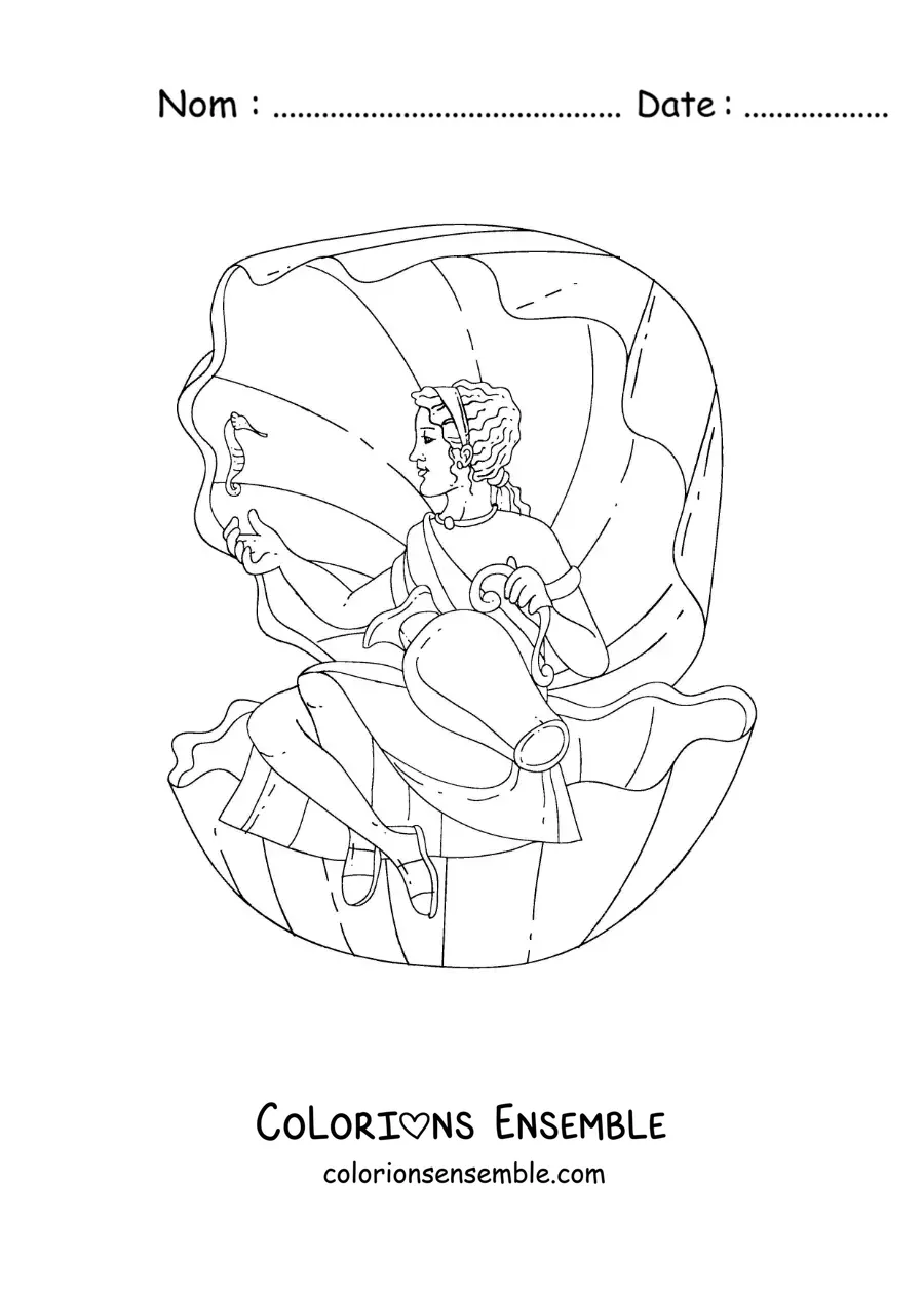 Coloriage d’Aphrodite, la déesse, assise sur un coquillage