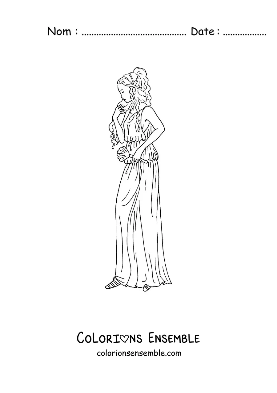 Coloriage d’Aphrodite, la déesse de la beauté, en dessin animé avec sa tunique