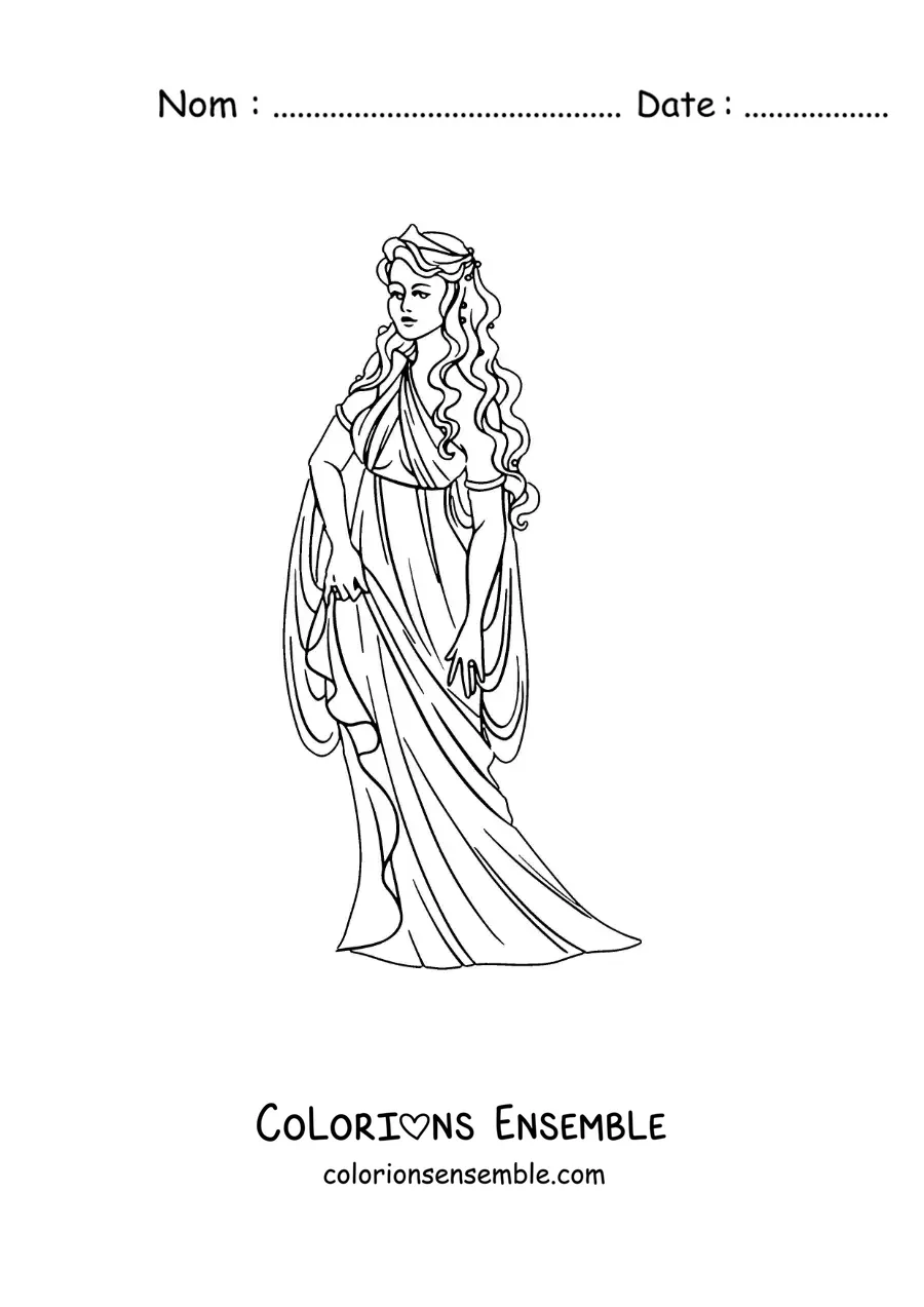 Coloriage d’Aphrodite, la déesse de l’amour, en dessin animé avec sa tunique