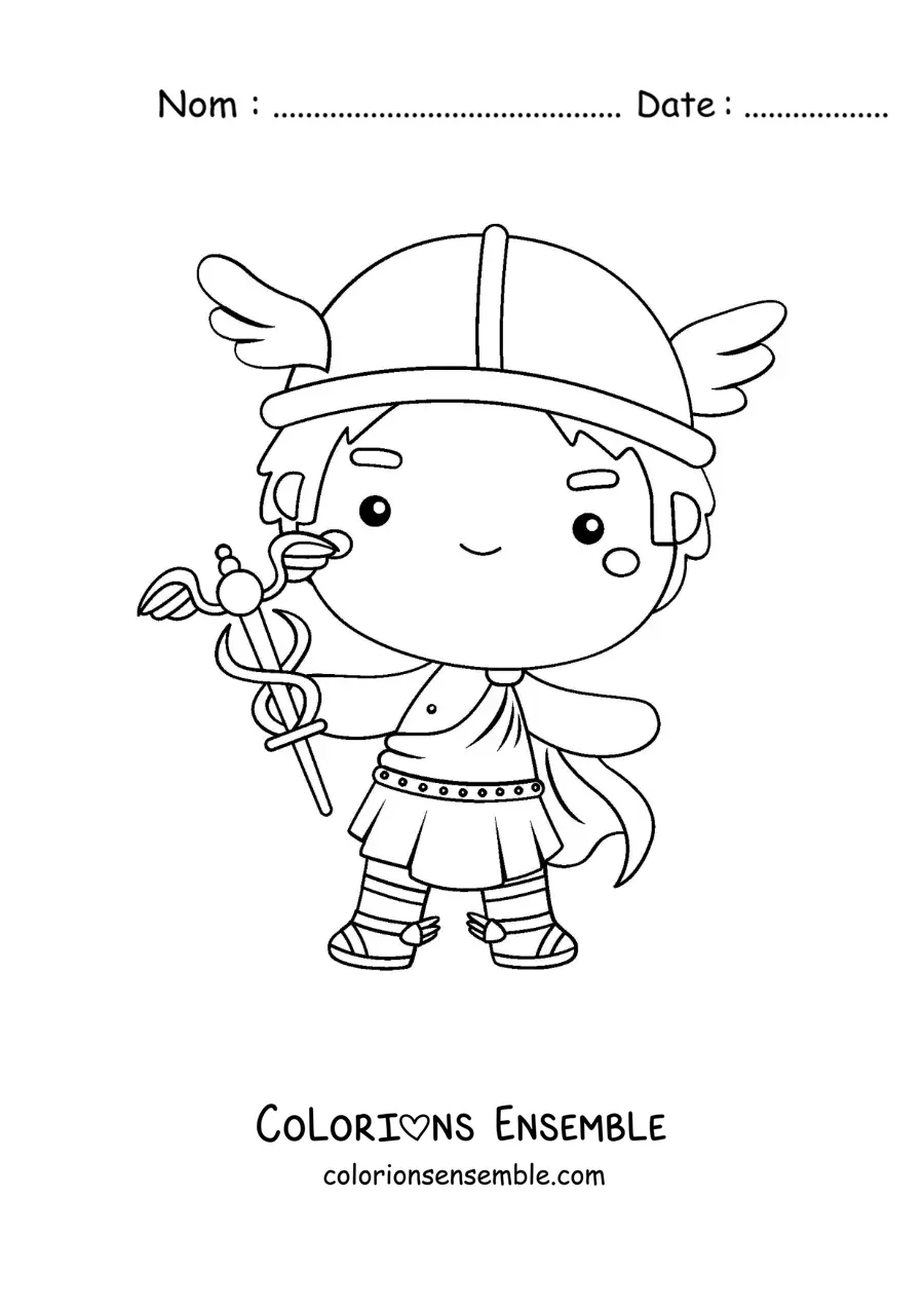Coloriage du dieu Hermès en dessin animé kawaii avec son caducée