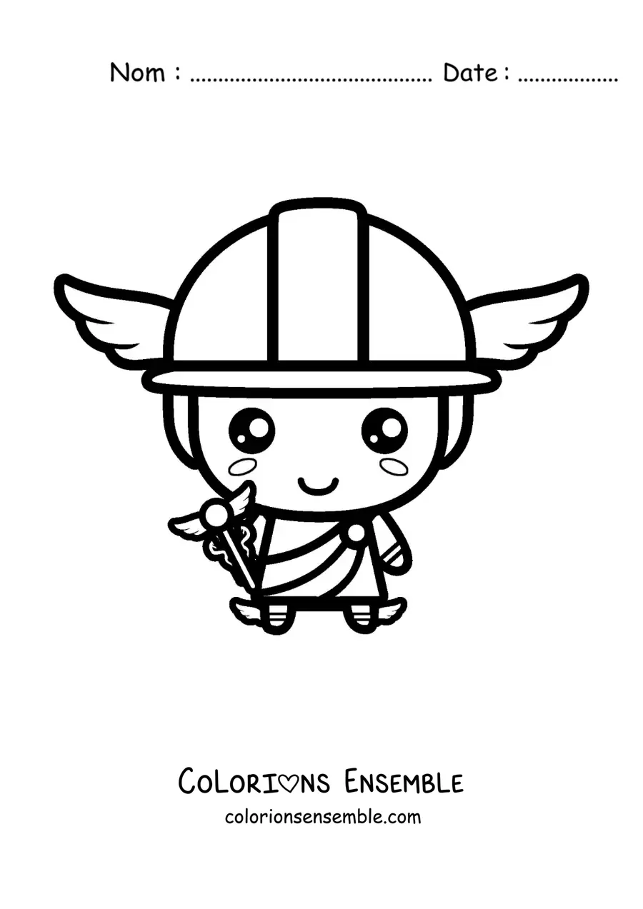 Coloriage d’Hermès kawaii avec son casque et son bâton