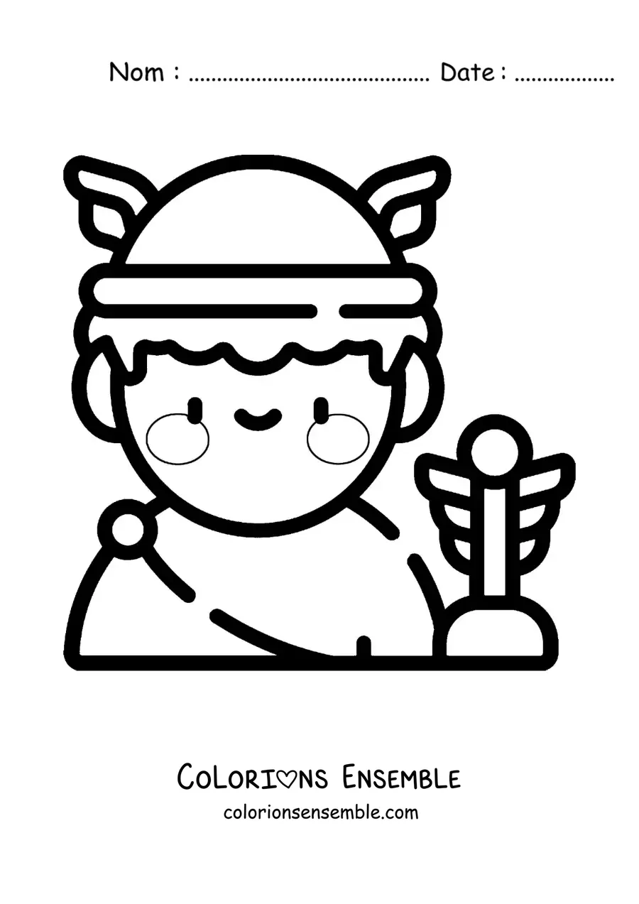 Coloriage d’Hermès, le dieu grec kawaii, tout mignon avec son casque ailé