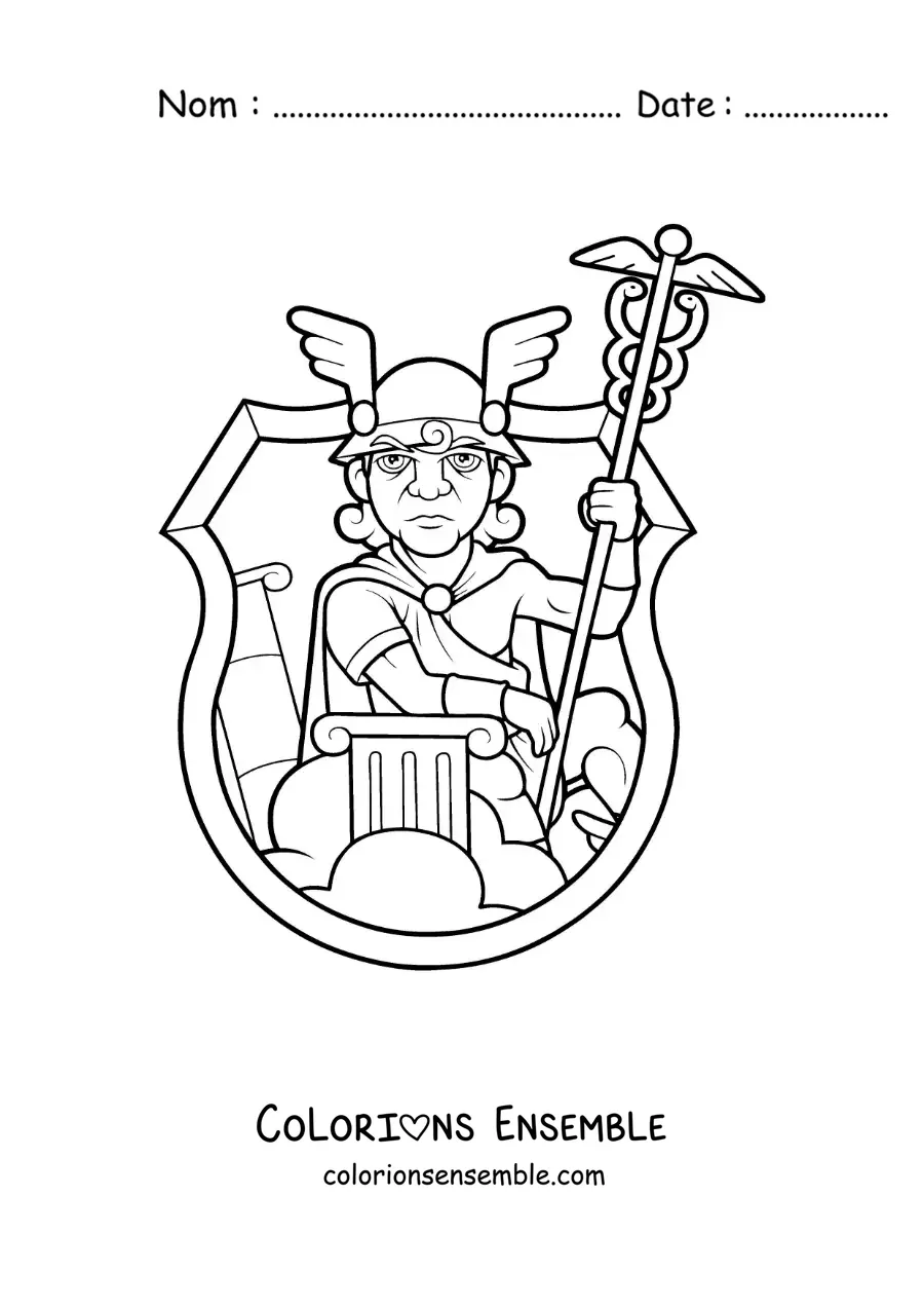 Coloriage d’une caricature d’Hermès, le messager, avec son casque