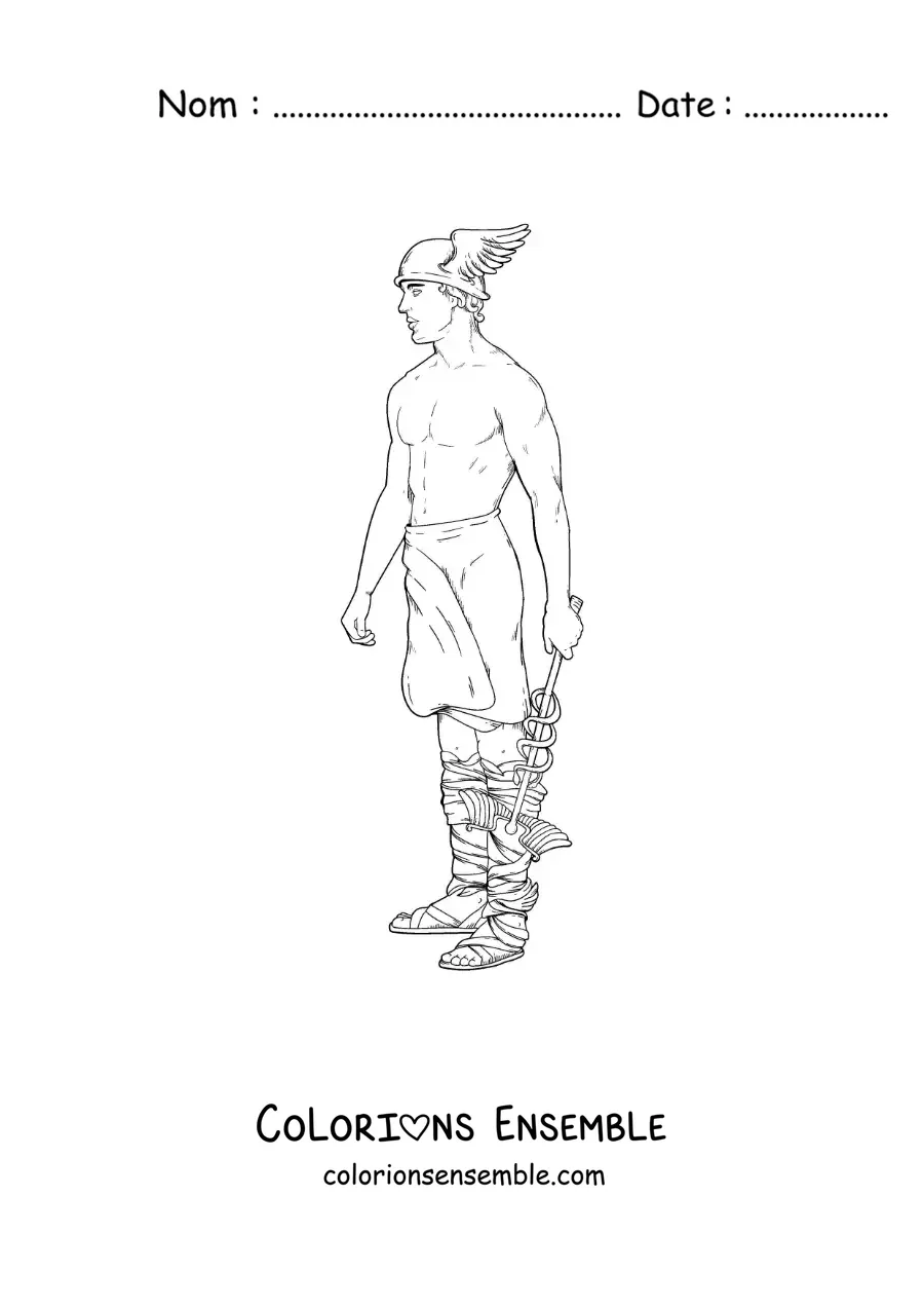 Coloriage d’Hermès réaliste avec son casque ailé et son bâton