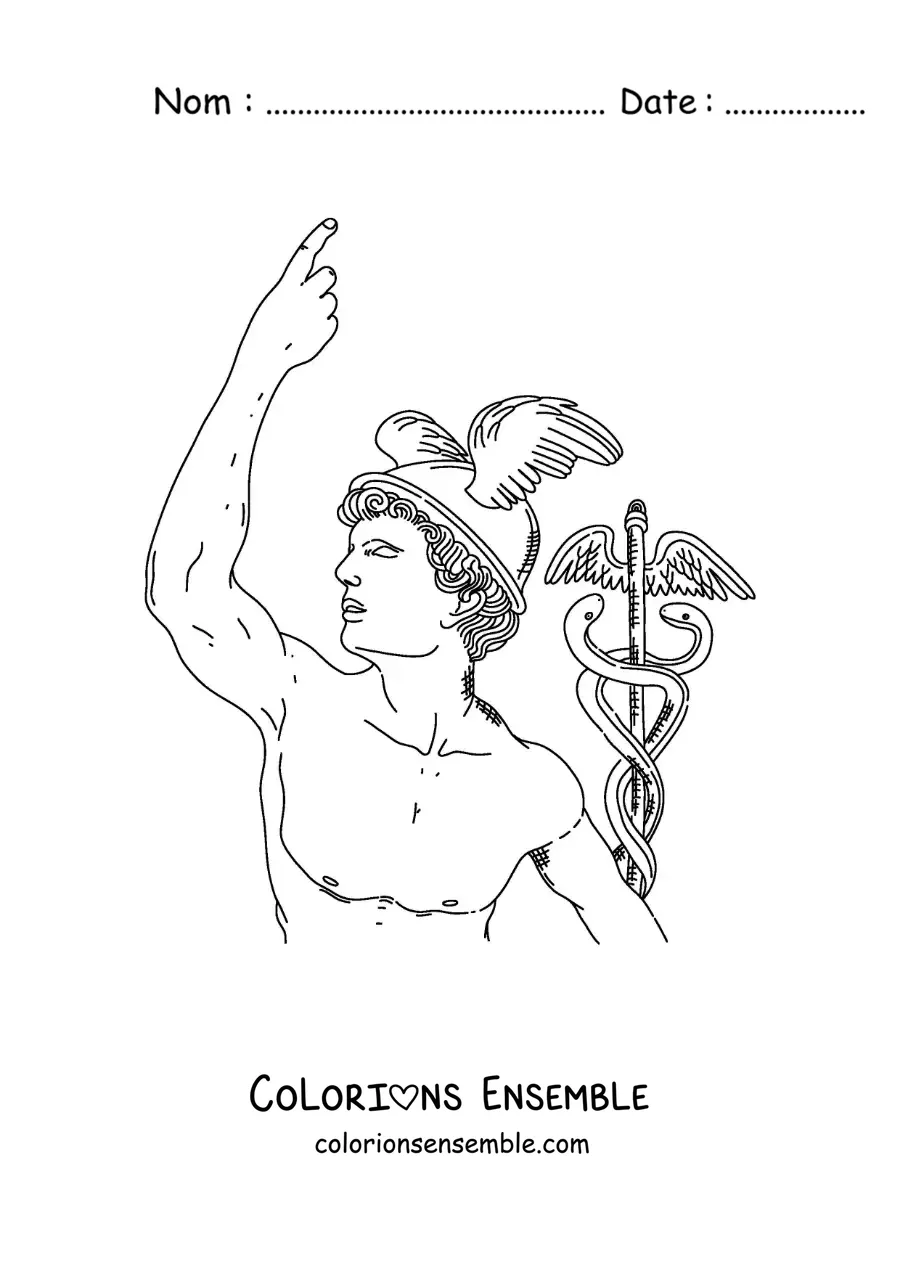 Coloriage d’une statue réaliste d’Hermès avec son casque et son bâton
