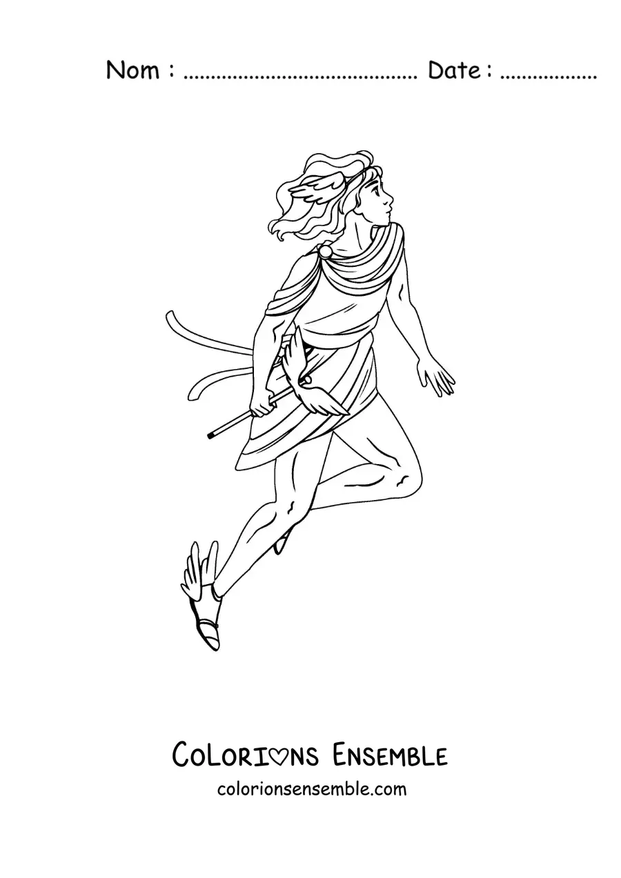 Coloriage du dieu grec Hermès en dessin animé volant avec ses chaussures ailées