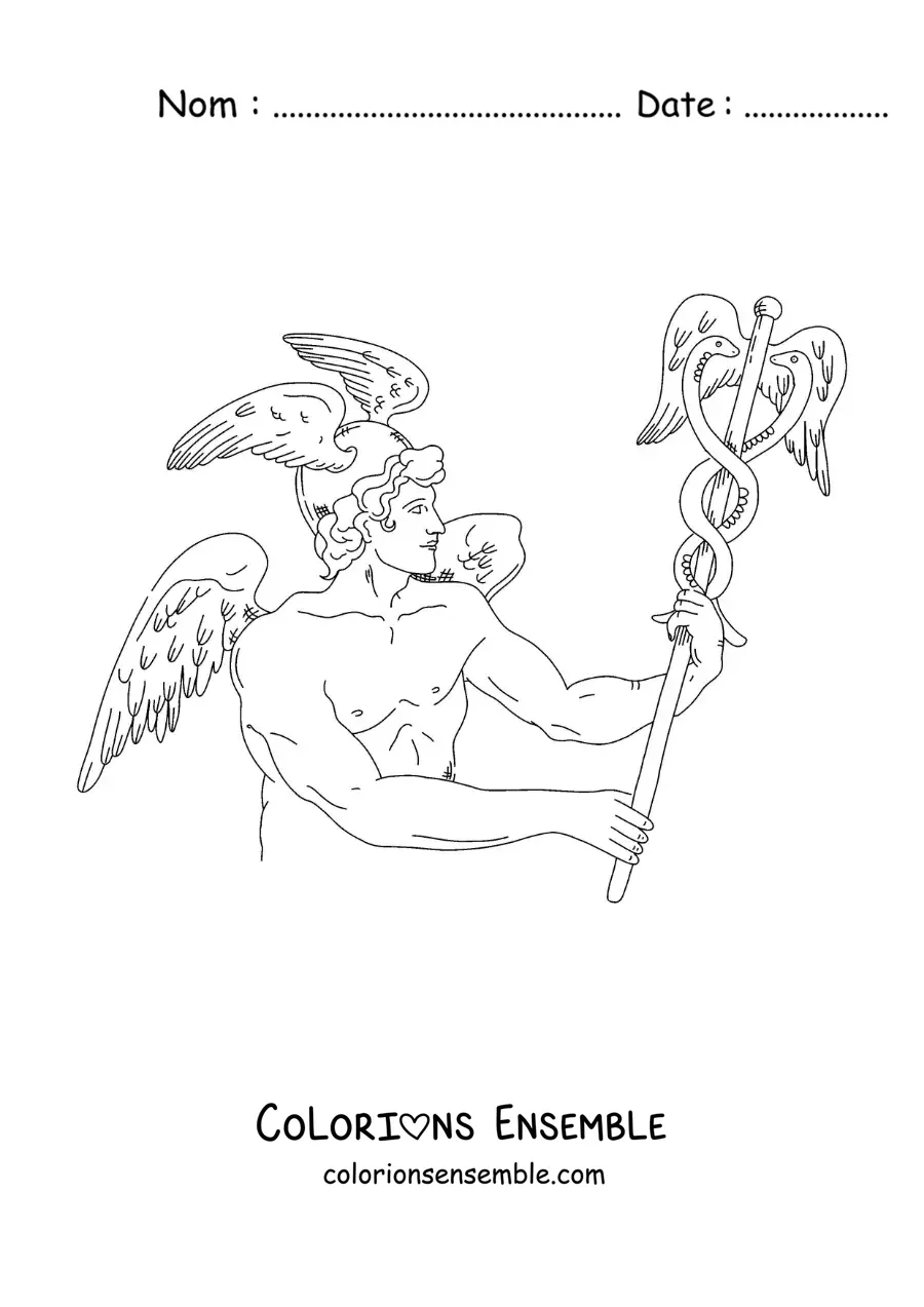 Coloriage du dieu messager Hermès réaliste tenant son bâton
