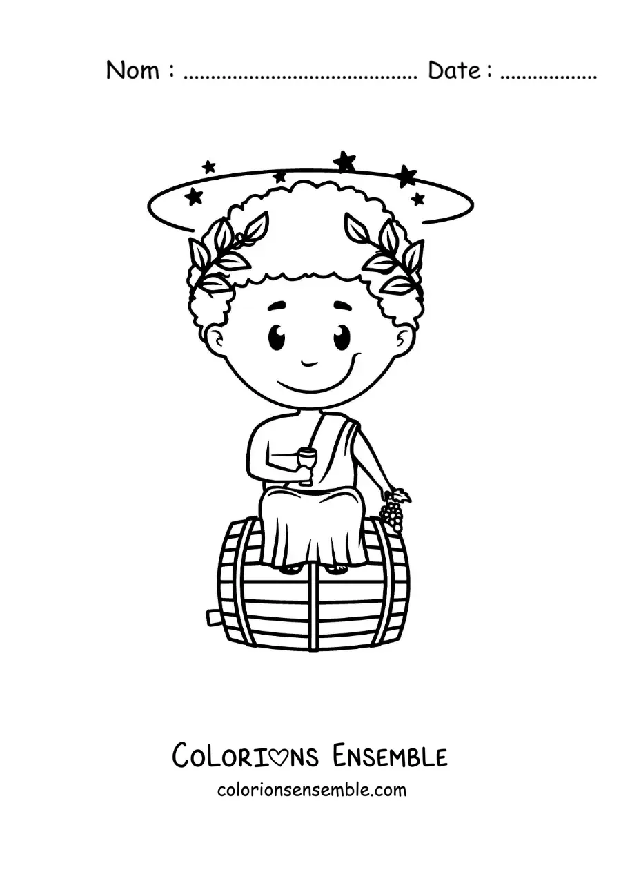 Coloriage du dieu Dionysos en dessin animé kawaii assis sur un tonneau de vin