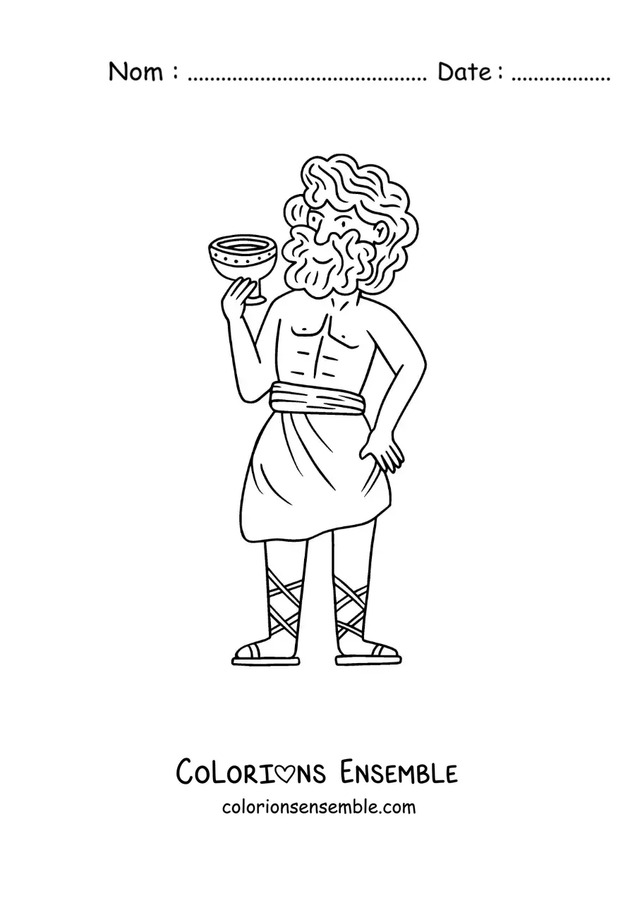 Coloriage de Dionysos en dessin animé buvant un verre de vin