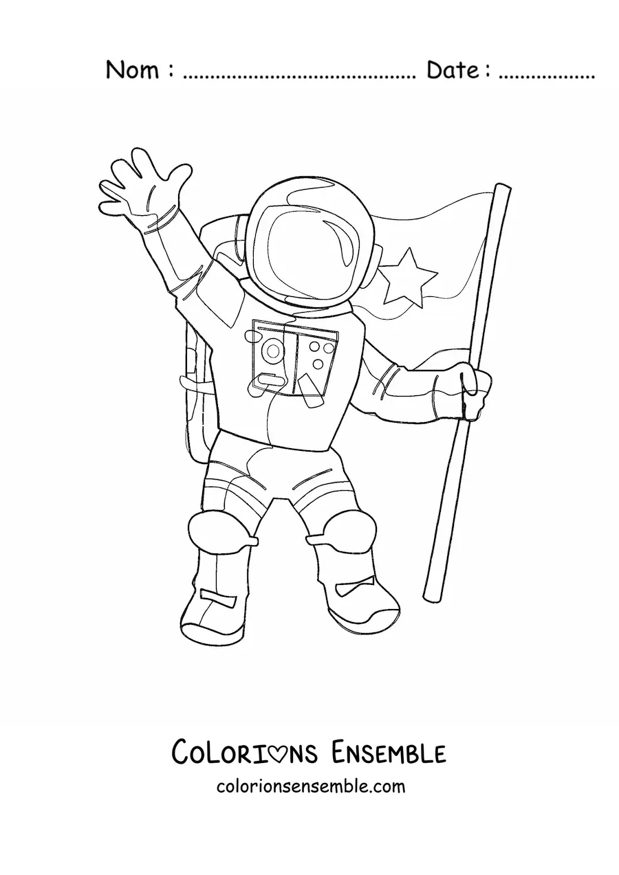 Image à colorier d’un astronaute en combinaison spatiale saluant et tenant un drapeau