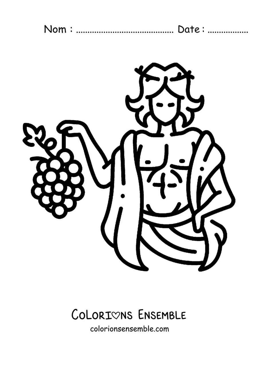 Coloriage facile de Dionysos en dessin animé avec une grappe de raisin
