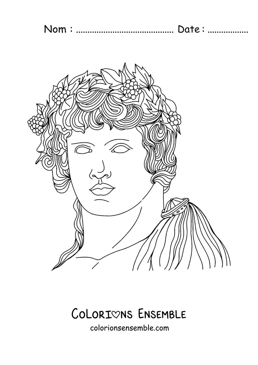 Coloriage d’une statue du visage de Dionysos avec sa couronne de feuilles