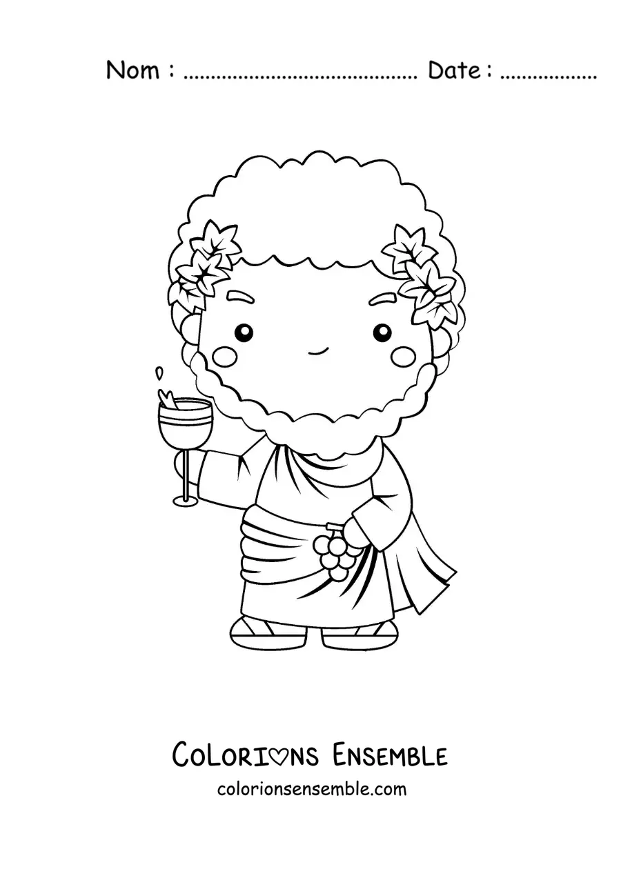Coloriage du dieu du vin Dionysos en dessin animé kawaii buvant du vin