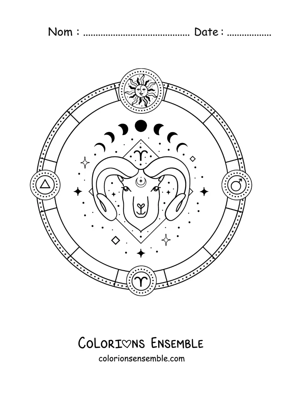 Image à colorier du signe du zodiaque Bélier avec son symbole