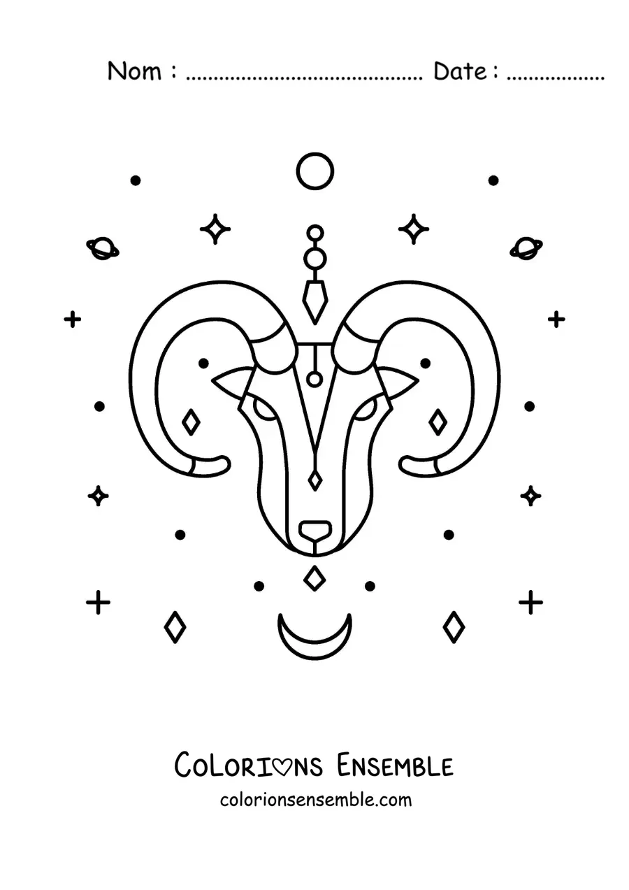 Image à colorier du bélier du signe du Bélier avec des étoiles et des astres