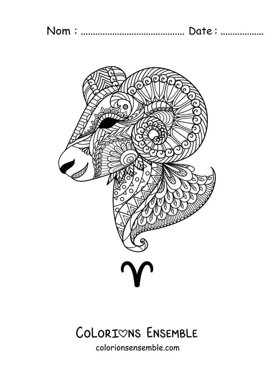 Image à colorier d’un mandala du signe du Bélier