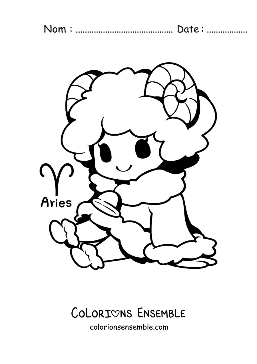 Image à colorier d’un personnage du signe du Bélier kawaii en dessin animé