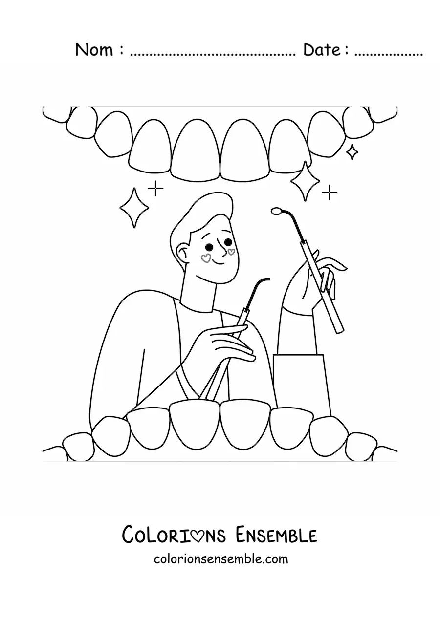 Image à colorier d’un dentiste examinant la bouche d’un patient