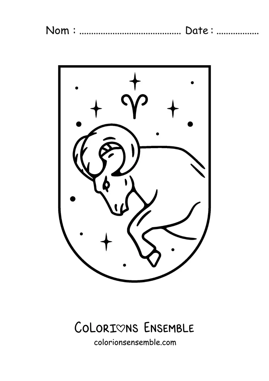 Image à colorier d’un bélier du signe du Bélier avec la lettre mu