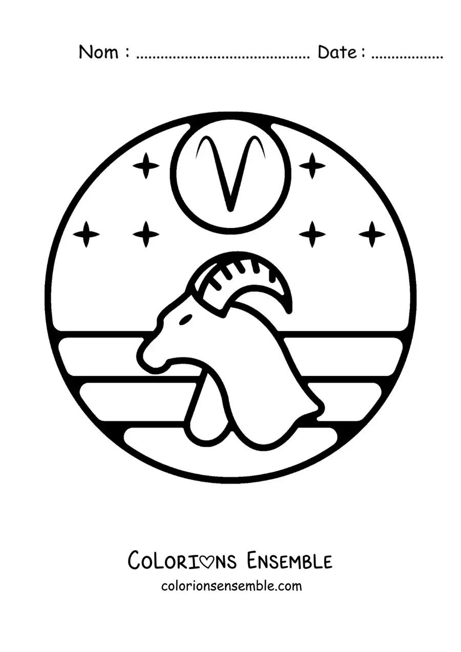 Image à colorier d’un bélier du signe du Bélier avec son symbole