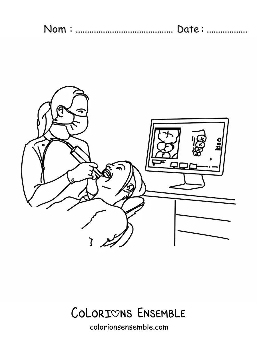 Image à colorier d’une femme dentiste et d’un patient sur le fauteuil de consultation